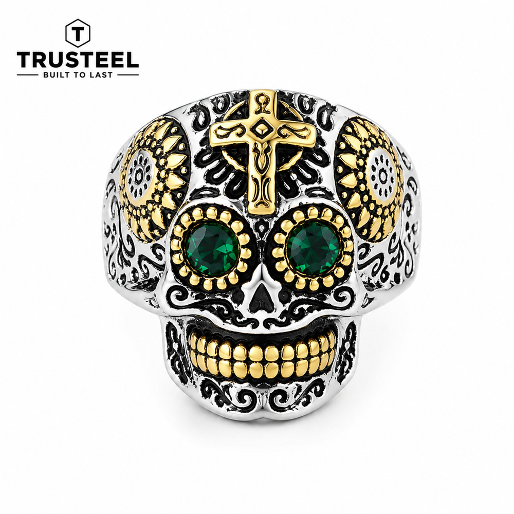 316L Stainless Steel Sugar Skull Ring green CZ Cross Gothic Biker Men’s size 7